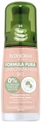 Deborah Milano Foundation Formula Pure Nude Bio Nr. 02 Rose Cream, mit Vitamin C und Aloe Vera, SPF 20, flüssige Textur mit mittlerer Deckkraft, für einen gleichmäßigen, strahlenden und samtigen Teint