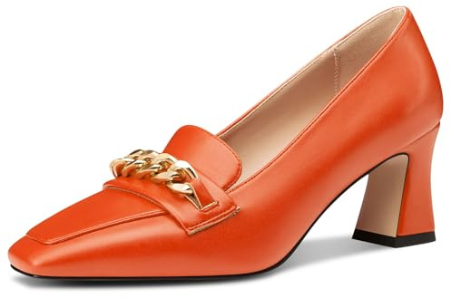 NobleOnly Damen Chunky Blockabsatz Absatz Heel Geschlossene Eckige Zehenkappe Loafers Schuhe Slip-on Pumps Metall Kette Lässig Schuhe 7 cm Heels