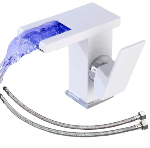Hasaller Rubinetto a cascata a LED, in ottone massiccio, per lavabo a cascata, miscelatore per lavabo da bagno, rubinetto miscelatore touch on per lavabo (bianco)