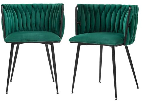 Moderner Esszimmerstuhl, Sessel, Samt Esszimmerstuhl Set mit schwarzen Metallbeinen, elegantes handgewebtes Design und weiches Kissen für Esszimmer, Wohnzimmer und Schlafzimmer (2er Set) (Smaragdgrün)