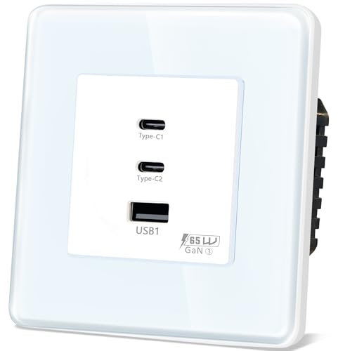 TAWOIA Prise Schuko, 65 W type C et interface de charge rapide USB pour téléphones portables, tablettes et ordinateurs portables, plaque en verre incurvé 2,5D, prise murale encastrée, USB C, blanc, 86