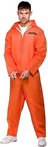jokeshop Orange Prisoner Jumpsuit And Handcuff's Overall Boiler Suit Convict Prison Inmate Fancy Dress Costume Outfit