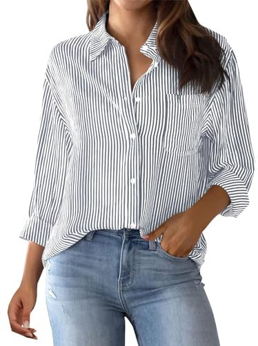 Chemisier Femme Chic Et éLégant, Chemise Femme Rayée Boutonnée Col Montant Chemise Ample DéContractée à Manches Longues avec Poches Haut De Chemise De Travail Classique, Gris, L