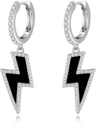 DAYLINLOVE Lightning Bolt Earrings 925 Sterling Silver Black Onyx Dangle Drop Earrings Lightning Bolt Jewelry Gifts for Women Men