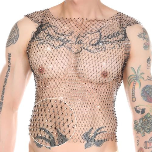 GENEMEN Rhinestone Tops de Malla para los Hombres Fishnet Sexy Cropped Camisas Rave Sheer Chaleco (Negro, S)