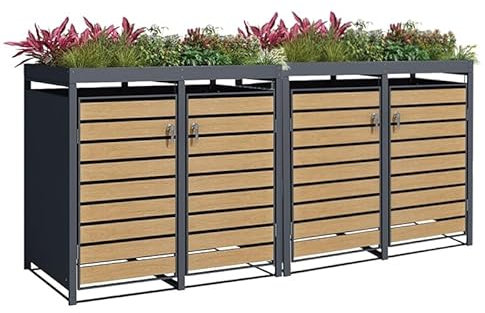 Galvanised Steel Quad Wheelie Bin Storage with Planter, Modern Wood-Effect Design, Weather-Resistant