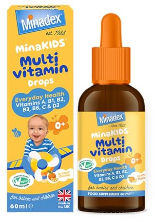 Minadex® MinaKIDS Multivitamin Drops for Babies & Kids 60 ml – 7 Essential Vitamins to Support Brain Function, Growth, Immune Health for Kids 0-12 Years. Yummy Orange Flavour, Vegan, Dropper Included
