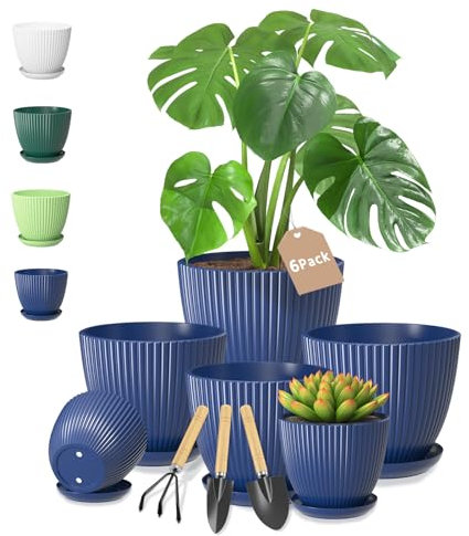 VASZOLA Blue Plant Pot Plastic Planter with Drainage Holes and Saucer Tray for Indoor Flower, Medium to Small 19/17/15/13/11/9 cm, Modern House Decorative Gardening Round Pot, Set of 6
