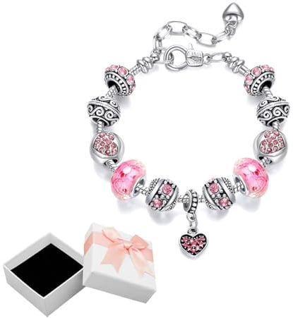 Yuwnd Rosa Bettelarmband mit Weiße Box, Armband mit Charms, Glitzernden Charm Armband für Mädchen, Niedliches Design Armband Mädchen Geschenk für Geburtstag Party Feiertag Weihnachten