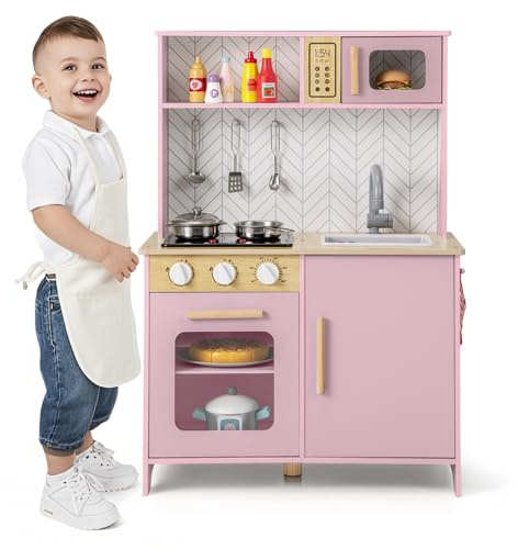 HOMASIS Cuisine Jouet avec Lumières et Sons, Cuisine Réalisteen Bois avec 3 Ustensiles de Cuisine, Poêle et Casserole, Robinet, Cuisinière, Micro-Ondes et Four pour Enfants à partir de 3 Ans (Rose)