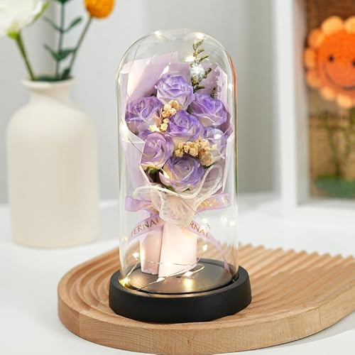 zCloud Flowers Fresh Bouquet,7 Eternal Roses in Glass Dome with LED Lights Luxury Artificial Flower Gift for Women Wife Mum Birthday Valentine's Day Anniversary Wedding Home Decor (Purple)
