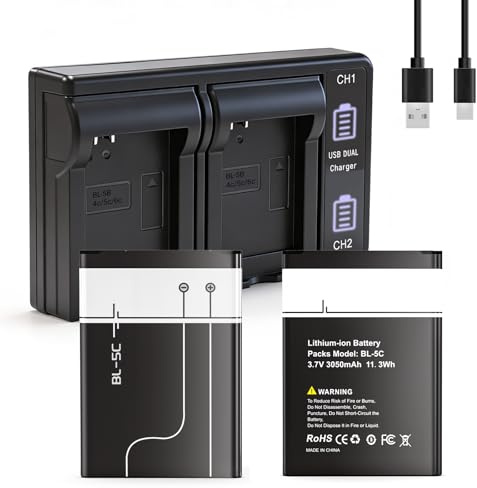 2026 Upgrade BL-5C Battery Charger Set, 2-Pack 3050mAh High-Capacity 3.7V Rechargeable Replacement Batteries for Nokia Phones, Home Radios, Bluetooth Speakers, Cameras