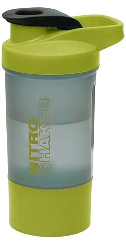 Nitro 600ml Green Protein Shaker with Storage - Airtight Leakproof Gym Bottle & Stainless Steel Mixing Ball - Detachable Powder Container - BPA Free Shaker Cup for Sports Supplements & Diet Shakes