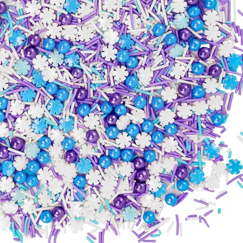 Morofme Schneeflocken Streusel Blau Lila 130g, Gefrorene Zuckerstreusel mit Zuckerperlen, Zuckernadeln, Sprinkles Tortendeko für Muffins, Kekse, Cake Topper für Geburtstag, Christmas, Hochzeit, Party
