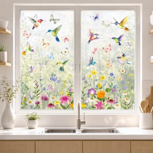 9 Sheets Spring Summer Flower Window Stickers for Glass, Double Sided Static Stained Glass Window Stickers, Anti-Collision Reusable Clings for Home Windows, Doors, Kitchen, Bedroom Décor