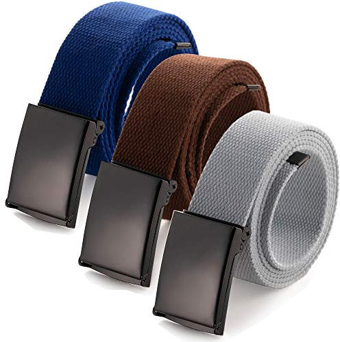 Mile High Life Passend zugeschnitten Leinwand Webgürtel Größe bis zu 1,32 m mit Flip-Top Feste Militärschnalle (3 Pack Braun/blau/grau)