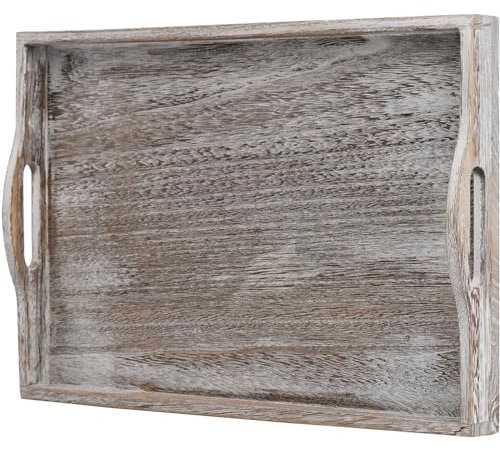 DEAYOU Rustikales Holz-Serviertablett, Ottomane Holztablett für Couchtisch, Bauernhaus Vintage dekorative Tablettplatte mit Aussparung Griff zum Essen, Frühstück, rechteckig, 42 cm L x 28 cm B