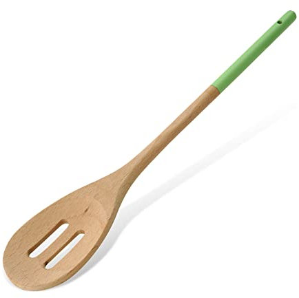 Tasty Wooden Slotted Serving Spoon, Spoon Ladle with Green Handle, Cooking Spoon for Serving Food, Wooden Kitchen Utensil, Dimensions: 30x5.5cm, Colours: Light Brown and Green