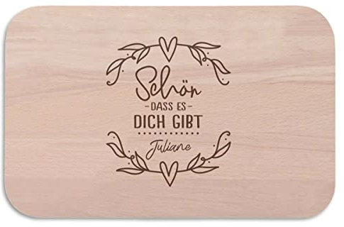 GRAVURZEILE Frühstücksbrettchen mit Gravur -Schön dass es dich gibt - Personalisiert mit Namen - Geschenk für Verliebte zum Valentinstag - 100% Buchenholz - 22.5 cm x 12.5 cm x 1 cm