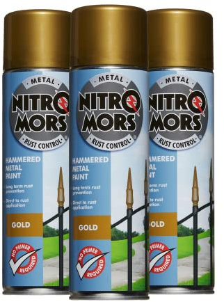 Nitromors Hammered Finish Metal Paint - Gold 500ml Aerosol - 3 Pack | Protection Against Rust and Corrosion | Superior Coverage |NOG500