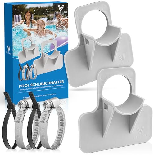 Villkin Lot de 2 supports de tuyau de piscine - 26-38 mm - Avec colliers de serrage avec protection anti-torsion pour piscine (gris)