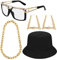 80er / 90er Jahre Hip Hop Kostüm Kit, Rapper DJ Kostüm Zubehör mit Punk Gold Kette Eimer Hut Vintage Brille Bambus Creolen Hip Hop Schmuckset für Damen/Herren, Schwarz, Einheitsgröße