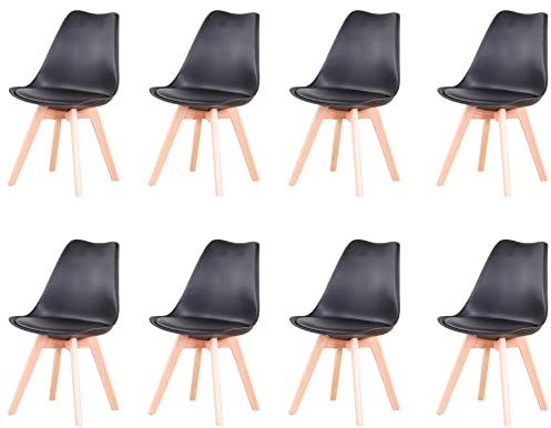 GrandCA HOME 8er-Set Esszimmerstühle, Bürostühle mit Beinen aus massiver Buche, Retro-Design, gepolsterte Stühle, Küchenstühle aus Holz, Schwarz