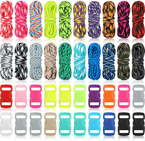 Paracord Set - 550 Survival Schnüre, Bunte Kombination Bastelsets, 20 Farben Fallschirmschnüre Mit Schnallen für DIY Armbänder, Schlüsselanhänger, Hundeleine (Lebendig Farbe)