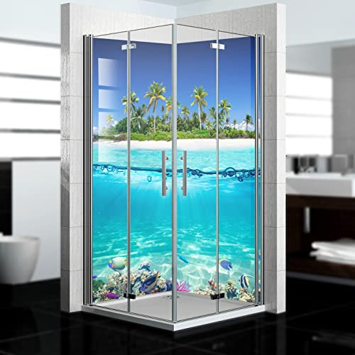 dedeco Eck-Duschrückwand wasserfest Motiv: Strand V6, UV-Lack glänzend, 2x 100x200 cm, Badrückwand zum Fliesenersatz, als Dekorwand, Wandverkleidung und Duschplatte aus Aluminium - Made in Germany