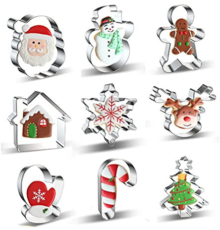Wybtbm Ausstechformen Weihnachten, 9 Stück Edelstahl Ausstecher Set Schneeflocke, Weihnachtsbaum, Rentier, Lebkuchenmann, Schneemann, Cookie Cutter, zum Ausstechen von Keksen
