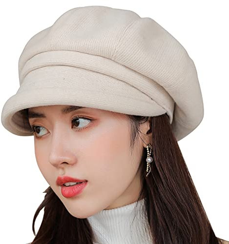 WANYI Beanie Damen Barett Mütze Baskenmütze Dicke Schirmmütze Britischer Retro Stil Mütze Weiche Achteckiger Hut 56-58CM für Frühling Herbst Winter (Beige)