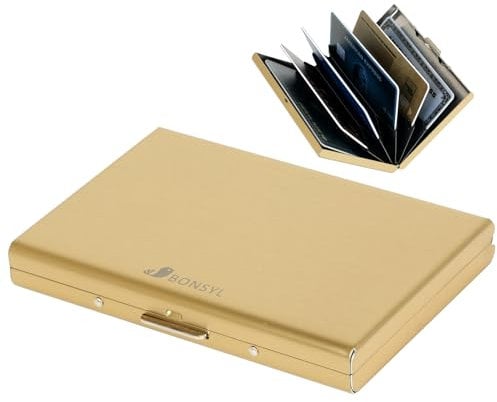 BONSYL® Kreditkartenetui für Damen und Herren, Schmales Kreditkartenhüllen Portmonee aus Metall mit RFID-Schutz, mit 6 Fächern, Gegen Elektronischen Taschendiebstahl. (6 Karten/Gold)