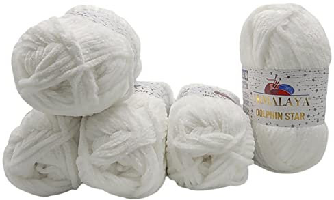 5 x 100 Gramm Himalaya Dolphin Star Strickwolle, Babywolle mit Glitzer, 500 Gramm Wolle Super Bulky (weiss 92101)