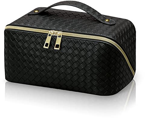 Reise Kosmetiktasche Tragbare Leder Schminktasche Multifunktionale Make Up Tasche Organizer Groß Kapazität Kulturtasche Damen Kulturbeutel Wasserdicht mit Griff (Schwarz)