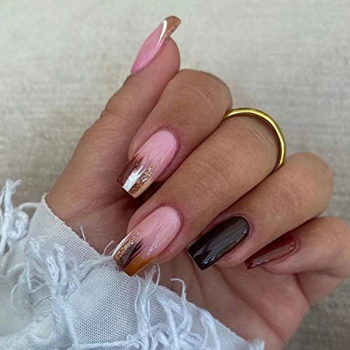 Medium Length Square Press on Nails for Women Girls,Reusable French Tip False Nails,Hot Pink/Orange/Light Pink Glitter Fake Nails,Y2k Artificial Nails with Adhesive Tabs 24 Pcs Stick on Nails (pink)