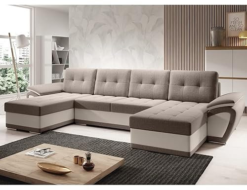 MODERNO Wohnlandschaft Sofa mit Schlaffunktion ENZO U - Sofa U-Form mit Bettkasten - Modern Ecksofa Schlafcouch - Steppsofa Zweifarbig - Beige-Creme