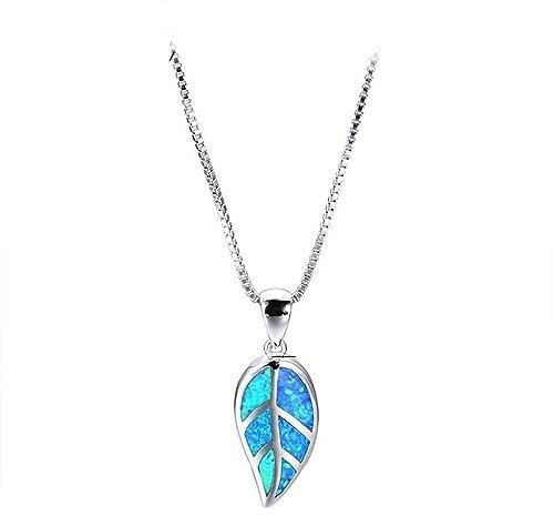 fikujap Damen Halskette 925 Sterling Silber Anhänger Mädchen Mode Blau Opal Blatt Anhänger Trendy Frauen Kreative Pullover Kette Schlüsselbein Kette Schmuck