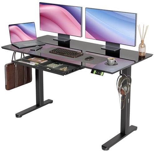 INNOVAR Glas-Stehschreibtisch mit Schubladen, 140 x 61 cm, Schwarz | Tischplatte aus gehärtetem einteiligem Glas, ergonomisch, stufenlose Höhenverstellung, Stehtisch, 3 Speichervoreinstellungen