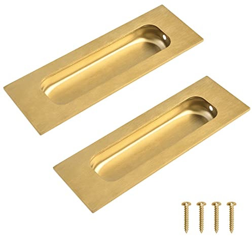 MOROBOR 2pcs Square Brushed Gold Flush Pulls Recessed Finger Pulls, 4.7 Inch Length Sliding Door Handles, Stainless Steel Cabinet Pulls for Wardrobe Drawer Pulls