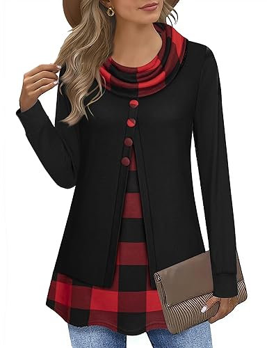 Datuhao Tunique à manches longues pour femme - Élégant - 2 en 1 - Pull long - Col châle - Patchwork, Noir et rouge à carreaux, XL
