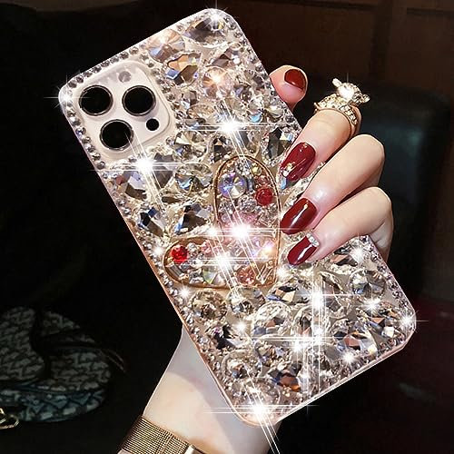 Changjia Glitter Bling Case for iPhone 15 Pro Max, Cute Luxury 3D Heart Crystal Rhinestone Diamond Gems Sparkle Shiny Women Girls Clear Bumper Protective Case for iPhone 15 Pro Max 6.7 inch (Silver)