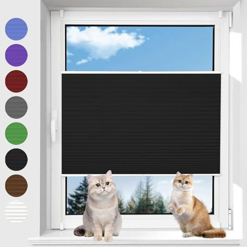Jalousien zum Klemmen 80 x 190 cm Sonnen-, Sicht- & Schallschutz Wabenplissee ohne Bohren leicht zu montieren mit Klemmträger für Fenster und Tür, Schwarz