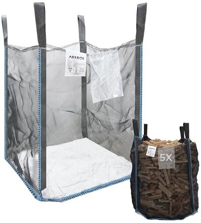 Arebos Premium Holzsack 5er Pack | Big Bag 100x100x120 cm | mit 4 Schlaufen und Einfüllschürze | Tragfähigkeit 1000 kg, SF 5:1, EN ISO 21898 | Säcke für Bauschutt, Holz, Gartenabfall | UV-Beständig