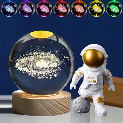 DYOUen 3D Kristallkugel Nachtlicht USB Kreative Nachtszene Sonnensystem Milchstraße Bunten LED Ball Lampe Glaskugel Mit Holzsockel für Jungen Mädchen Dekoration (Galaxie)