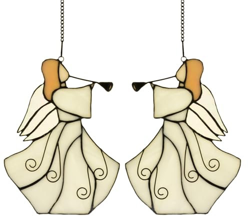 HomeBeauty PA0010 Engel-Ornament, Buntglas-Fensterbehang, Sonnenfänger, Tiffany-Stil, handgefertigt, Urlaubsdekoration, Gedenkgeschenke, 16,5 cm B x 21,6 cm H, 2 Stück (Engel)
