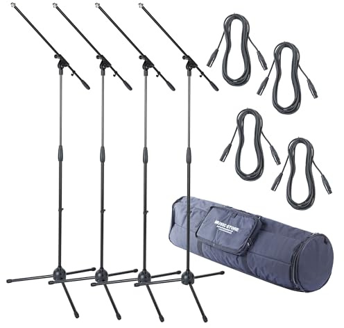 MUSIC STORE 4x Mikrofonständer-Set, Schwarz, 5m XLR Kabel, Goldkontakte, Tasche für 6 Stative, Bühne und Studio, MS-ID:PAH180