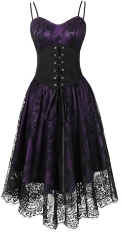 Wellwits Robe Femmes Halloween Dentelle Florale Gothique avec Corset Lacé Violet M