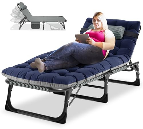 SUNYRISY Tumbona plegable para jardín, cama de camping ajustable resistente con colchón y reposacabezas, cama de jardín portátil de gran tamaño para el hogar, siesta de oficina, patio, piscina y playa