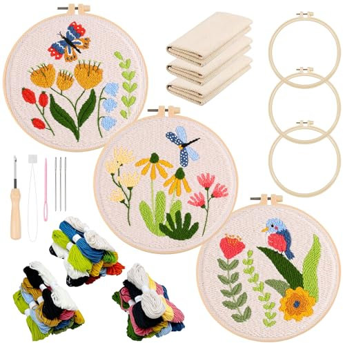 Allazone Punch Needle Stickerei Set für Anfänger, 3 Stück Stanznadel Stickerei Starter Kit mit Schmetterlinge und Vögel Muster, DIY Stanznadel Kit mit Stickrahmen, Punch Needle Stoff, Fäden