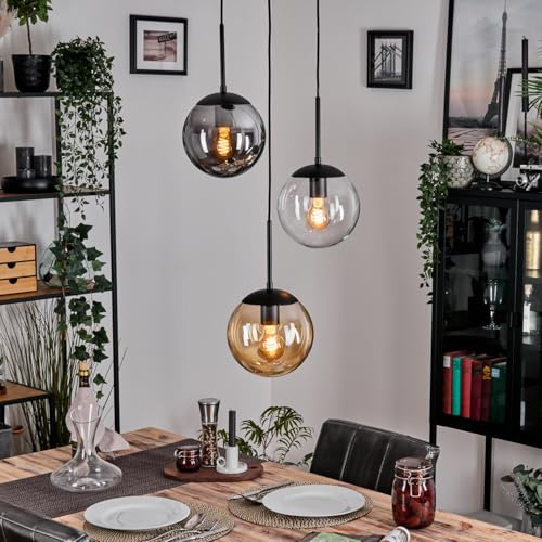 HOFSTEIN Hängeleuchte Gastor, 3-flammige Hängelampe aus Metall/Glas in Schwarz/Rauch-/Bernsteinfarben, moderne Pendelleuchte im Retro/Vintage-Design, Ø Schirme 20 cm, E27, Esszimmer, Küche, Wohnzimmer